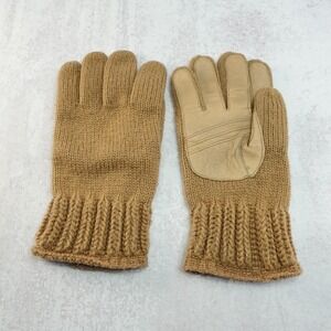 Vintage Mens Camel Brown Knit Winter Gloves Leather Palm Grip Ribbed Cuff